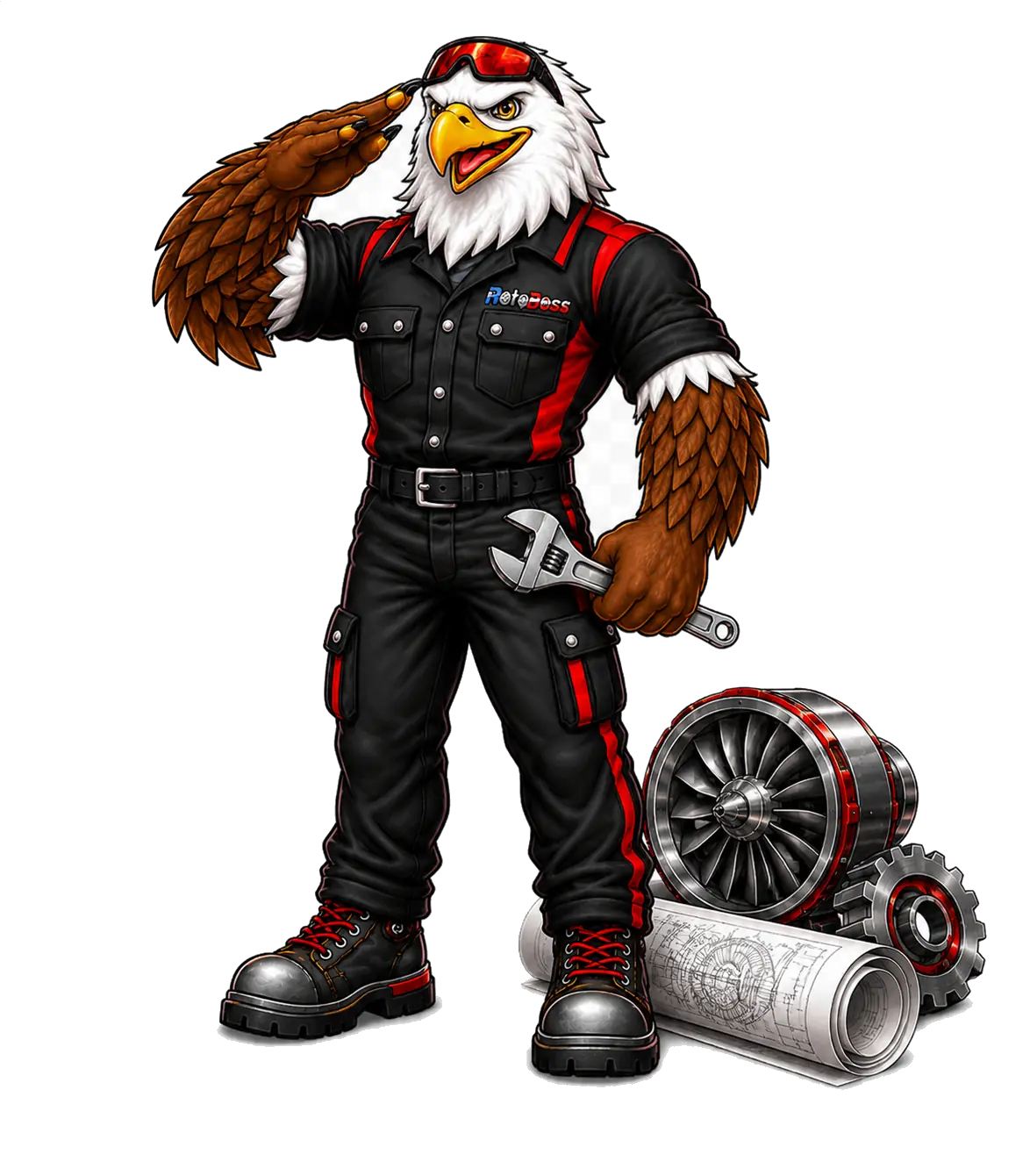 Axel saluting beside an engineering blueprint and mechanic gear