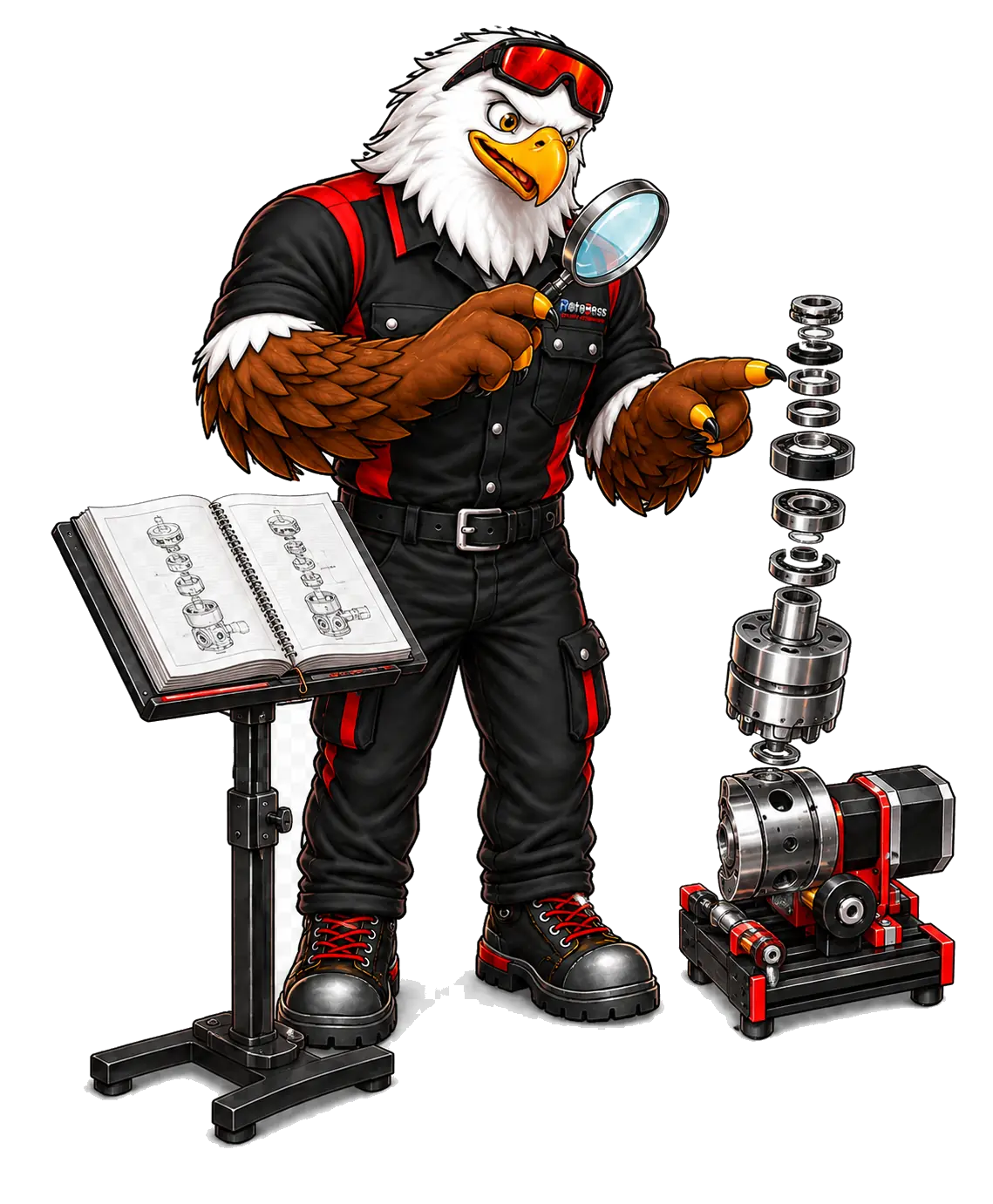 Axel teaching from an open rotary manual and inspecting an assembly