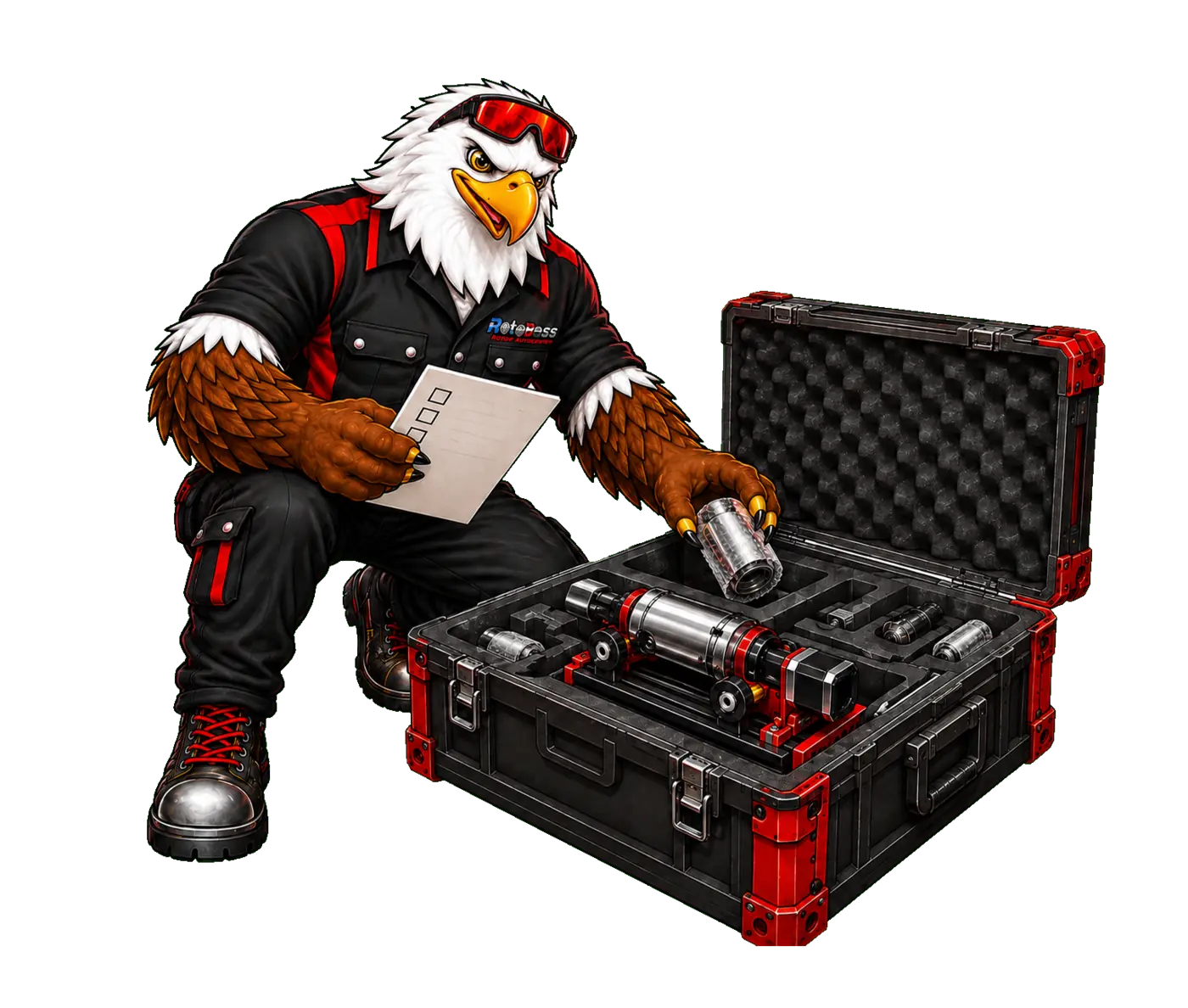 Axel carefully packing a complete rotary and its accessories for shipping